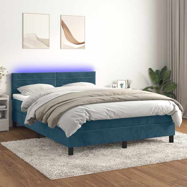 LED-valgustusega kontinentaalvoodi koos madratsiga, tumesinine, 140 × 200 cm, samet — mudel 3134469