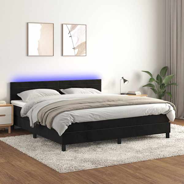 LED-valgustusega kontinentaalvoodi koos madratsiga, must, 160 × 200 cm, samet — mudel 3134473