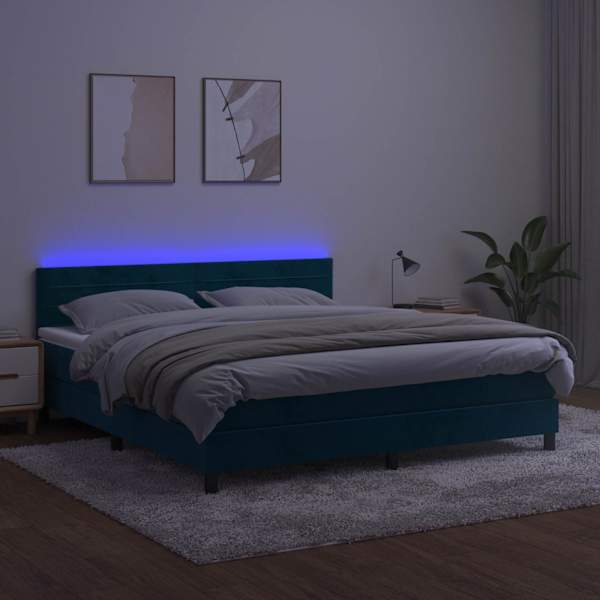 LED-valgustusega kontinentaalvoodi koos madratsiga, tumesinine, 180 × 200 cm, samet — mudel 3134481