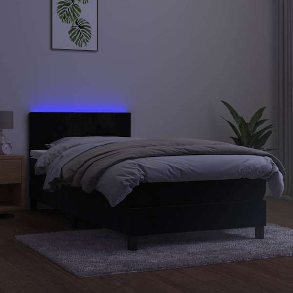 LED-valgustusega kontinentaalvoodi koos madratsiga, must, 90 × 190 cm, samet — mudel 3134497