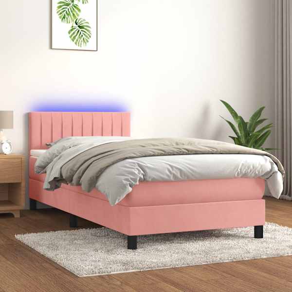 LED-valgustusega kontinentaalvoodi koos madratsiga, roosa, 90 × 190 cm, samet — mudel 3134500