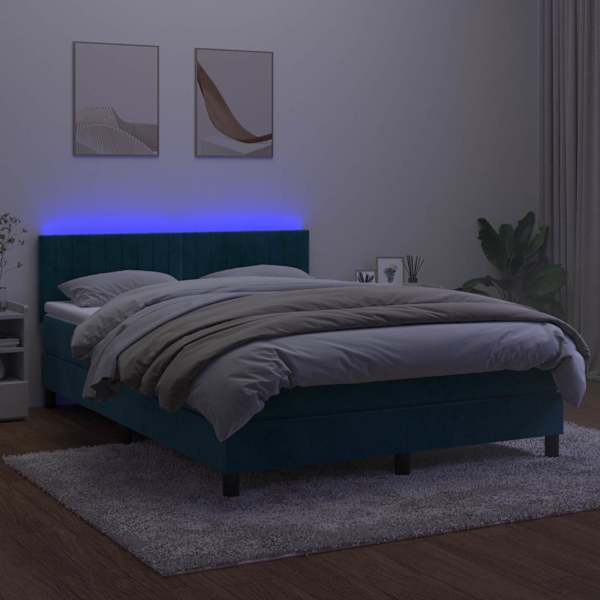 LED-valgustusega kontinentaalvoodi koos madratsiga, tumesinine, 140 × 190 cm, samet — mudel 3134523