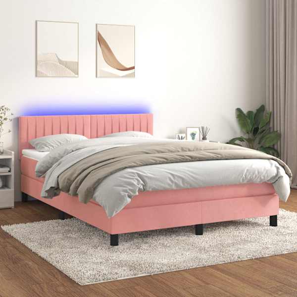 LED-valgustusega kontinentaalvoodi koos madratsiga, roosa, 140 × 190 cm, samet — mudel 3134524