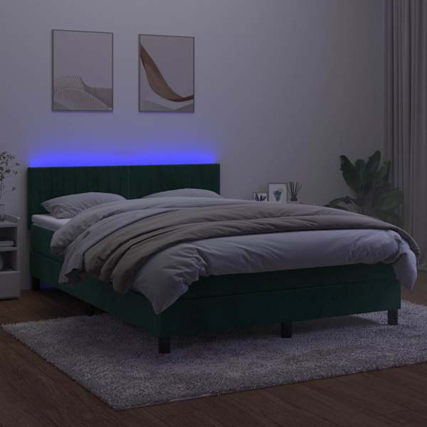 LED-valgustusega kontinentaalvoodi koos madratsiga, tumeroheline, 140 × 200 cm, samet — mudel 3134528