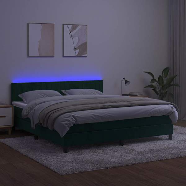 LED-valgustusega kontinentaalvoodi koos madratsiga, tumeroheline, 160 × 200 cm, samet — mudel 3134534