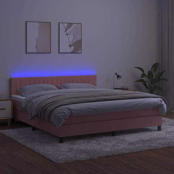LED-valgustusega kontinentaalvoodi koos madratsiga, roosa, 160 × 200 cm, samet — mudel 3134536