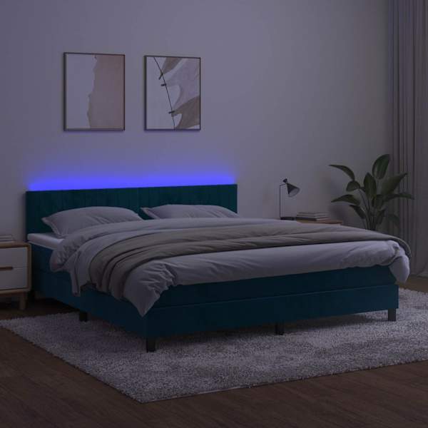 LED-valgustusega kontinentaalvoodi koos madratsiga, tumesinine, 180 × 200 cm, samet — mudel 3134541