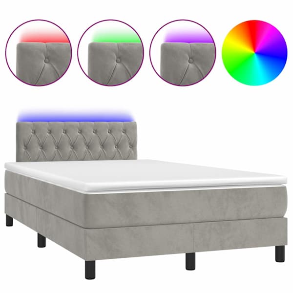 Kontinentaalvoodi madrats ja LED, helehall, 120 × 200 cm, samet