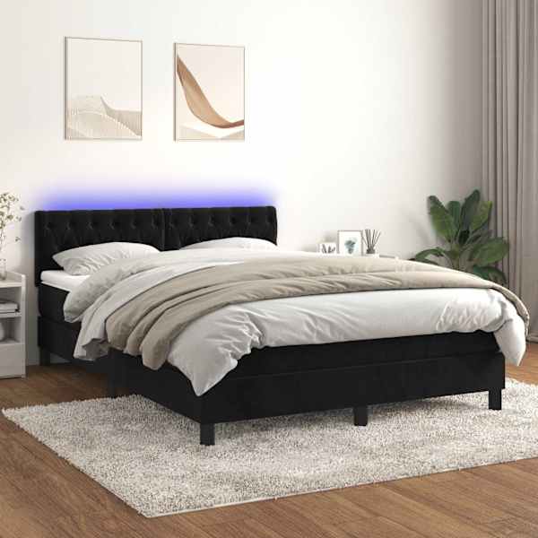 LED-valgustusega kontinentaalvoodi koos madratsiga, must, 140 × 190 cm, samet