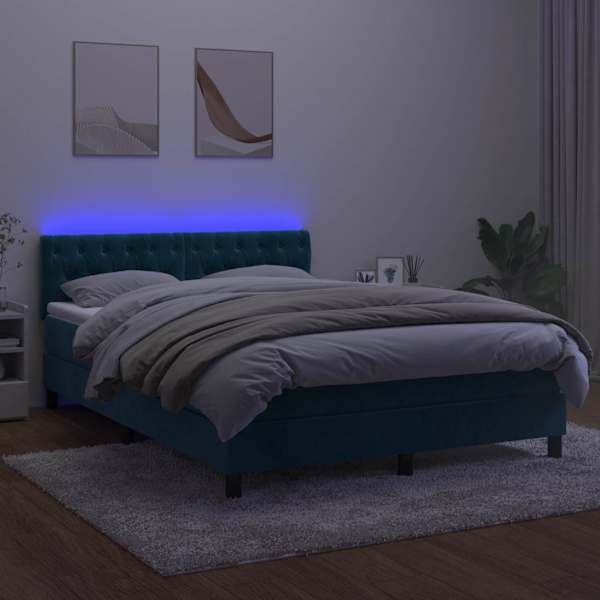 LED-valgustusega kontinentaalvoodi koos madratsiga, tumesinine, 140 × 190 cm, samet — mudel 3134583