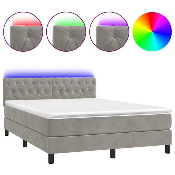 Kontinentaalvoodi madrats ja LED, helehall, 140 × 200 cm, samet