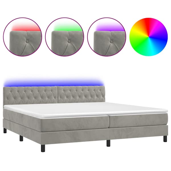 Kontinentaalvoodi madrats ja LED, helehall, 200 × 200 cm, samet
