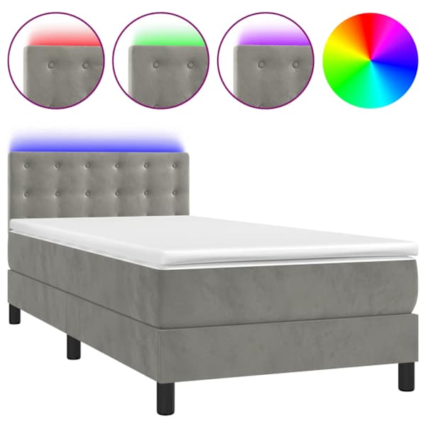 Kontinentaalvoodi madrats ja LED, helehall, 80 × 200 cm, samet