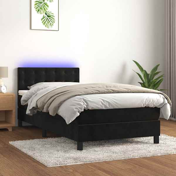 LED-valgustusega kontinentaalvoodi koos madratsiga, must, 80 × 200 cm, samet