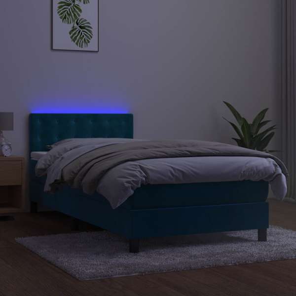 LED-valgustusega kontinentaalvoodi koos madratsiga, tumesinine, 100 × 200 cm, samet — mudel 3134631