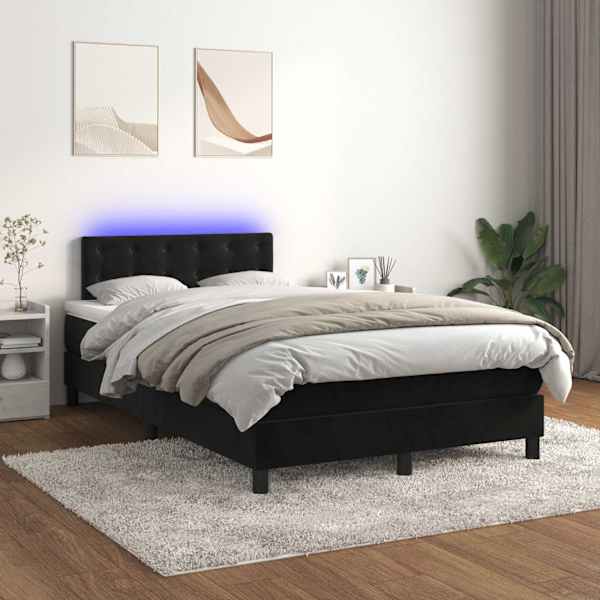 LED-valgustusega kontinentaalvoodi koos madratsiga, must, 120 × 200 cm, samet — mudel 3134635