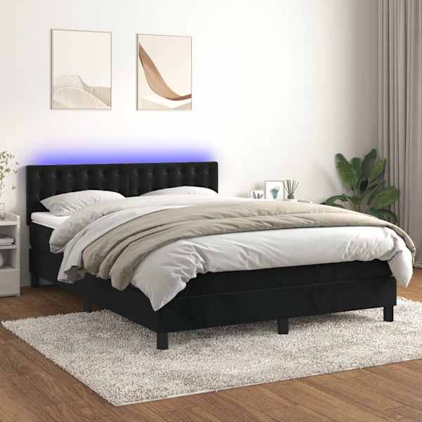 LED-valgustusega kontinentaalvoodi koos madratsiga, must, 140 × 190 cm, samet — mudel 3134641