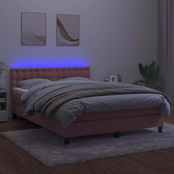 LED-valgustusega kontinentaalvoodi koos madratsiga, roosa, 140 × 200 cm, samet — mudel 3134650