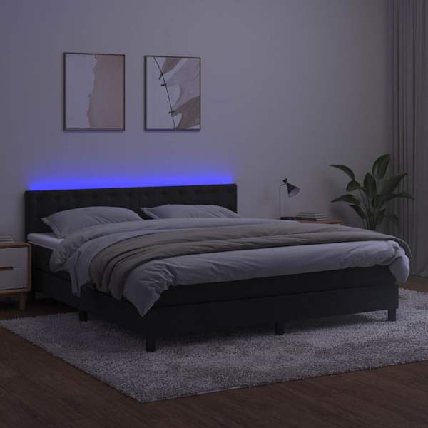 LED-valgustusega kontinentaalvoodi koos madratsiga, must, 160 × 200 cm, samet — mudel 3134653