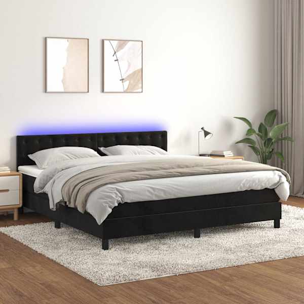 LED-valgustusega kontinentaalvoodi koos madratsiga, must, 160 × 200 cm, samet — mudel 3134653