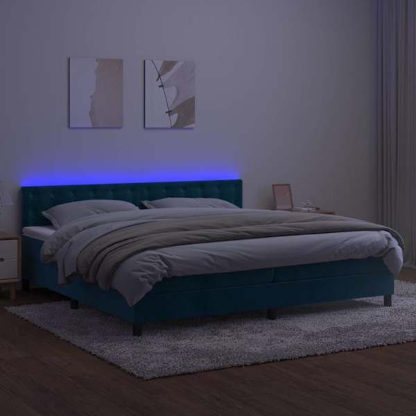 LED-valgustusega kontinentaalvoodi koos 2 madratsiga, tumesinine, 200 × 200 cm, samet — mudel 3134667