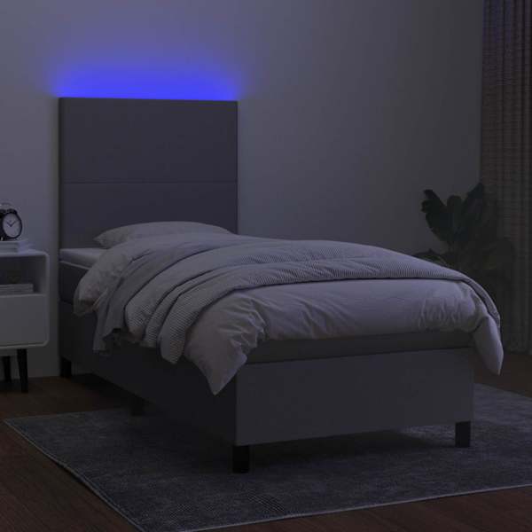 LED-valgustusega kontinentaalvoodi koos madratsiga, helehall, 90 × 190 cm, kangas — mudel 3134677
