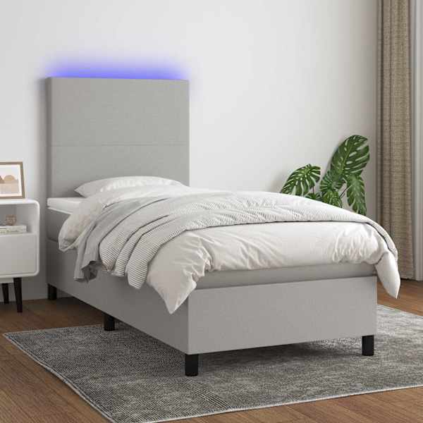 LED-valgustusega kontinentaalvoodi koos madratsiga, helehall, 90 × 190 cm, kangas — mudel 3134677