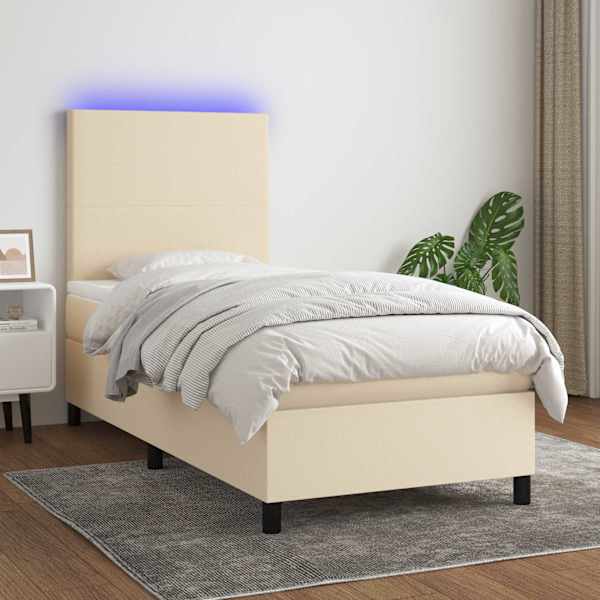 LED-valgustusega kontinentaalvoodi koos madratsiga, kreemjasvalge, 90 × 190 cm, kangas — mudel 3134682