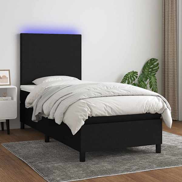 LED-valgustusega kontinentaalvoodi koos madratsiga, must, 90 × 200 cm, kangas — mudel 3134687