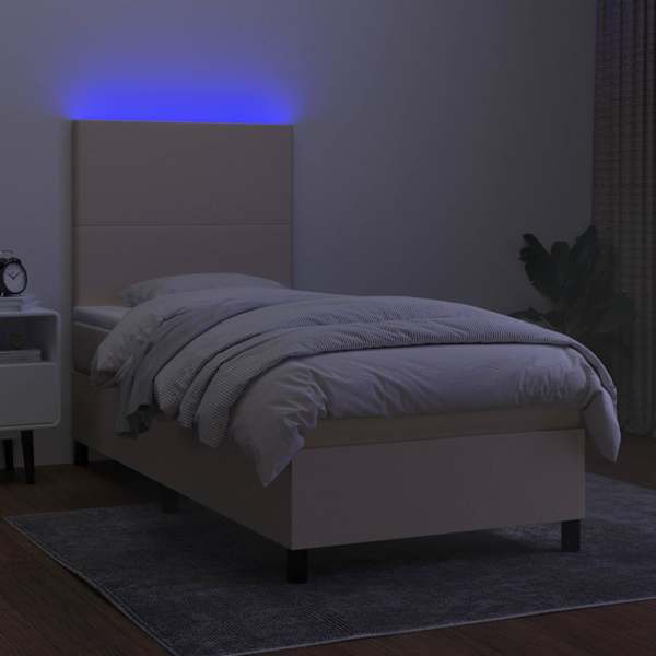 LED-valgustusega kontinentaalvoodi koos madratsiga, kreemjasvalge, 90 × 200 cm, kangas — mudel 3134690