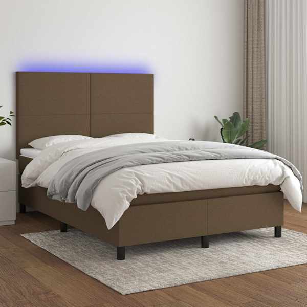 LED-valgustusega kontinentaalvoodi koos madratsiga, tumepruun, 140 × 190 cm, kangas — mudel 3134712
