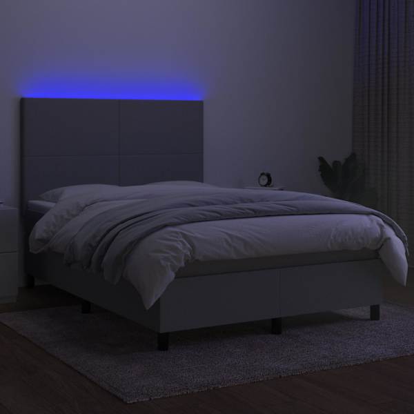 LED-valgustusega kontinentaalvoodi koos madratsiga, helehall, 140 × 200 cm, kangas — mudel 3134717