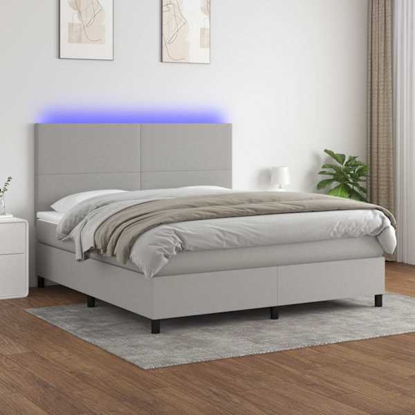 LED-valgustusega kontinentaalvoodi koos madratsiga, helehall, 160 × 200 cm, kangas — mudel 3134725