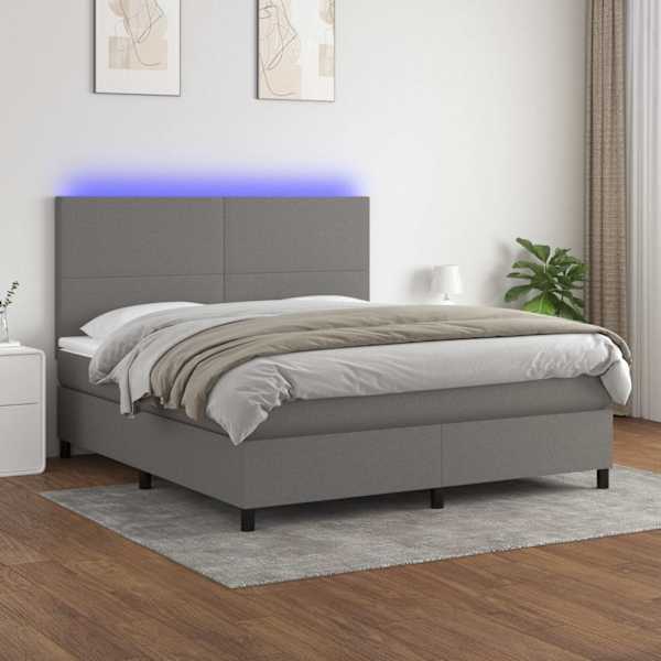 LED-valgustusega kontinentaalvoodi koos madratsiga, tumehall, 180 × 200 cm, kangas — mudel 3134734
