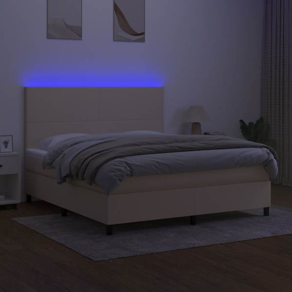 LED-valgustusega kontinentaalvoodi koos madratsiga, kreemjasvalge, 180 × 200 cm, kangas — mudel 3134738
