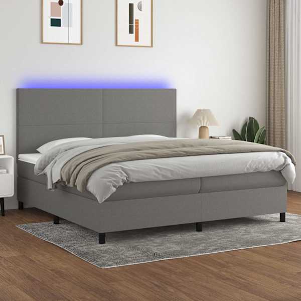LED-valgustusega kontinentaalvoodi koos 2 madratsiga, tumehall, 200 × 200 cm, kangas — mudel 3134742
