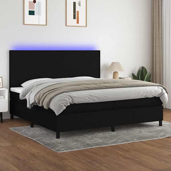 LED-valgustusega kontinentaalvoodi koos 2 madratsiga, must, 200 × 200 cm, kangas — mudel 3134743
