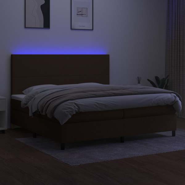 LED-valgustusega kontinentaalvoodi koos 2 madratsiga, tumepruun, 200 × 200 cm, kangas — mudel 3134744