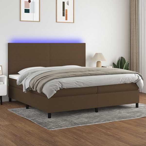 LED-valgustusega kontinentaalvoodi koos 2 madratsiga, tumepruun, 200 × 200 cm, kangas — mudel 3134744