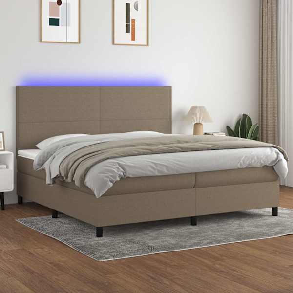 LED-valgustusega kontinentaalvoodi koos 2 madratsiga, pruunikashall, 200 × 200 cm, kangas — mudel 3134745