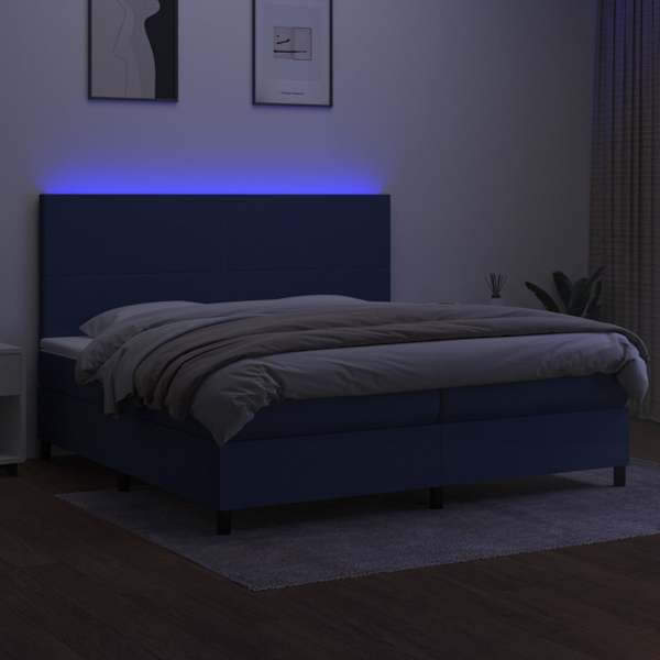 LED-valgustusega kontinentaalvoodi koos 2 madratsiga, sinine, 200 × 200 cm, kangas — mudel 3134747