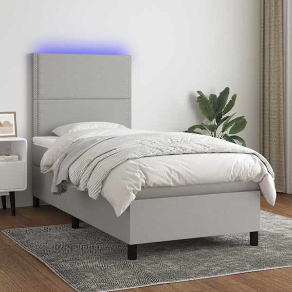 LED-valgustusega kontinentaalvoodi koos madratsiga, helehall, 90 × 190 cm, kangas — mudel 3134757