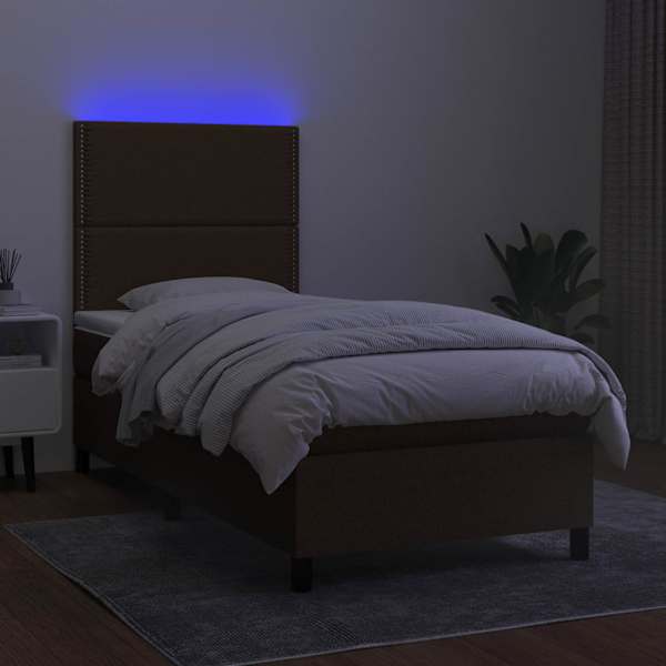 LED-valgustusega kontinentaalvoodi koos madratsiga, tumepruun, 90 × 190 cm, kangas — mudel 3134760