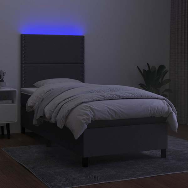 LED-valgustusega kontinentaalvoodi koos madratsiga, tumehall, 90 × 200 cm, kangas — mudel 3134766