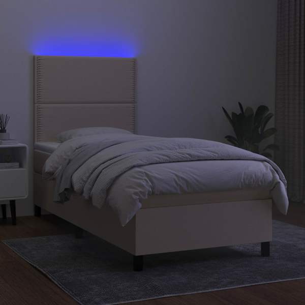 LED-valgustusega kontinentaalvoodi koos madratsiga, kreemjasvalge, 100 × 200 cm, kangas — mudel 3134778