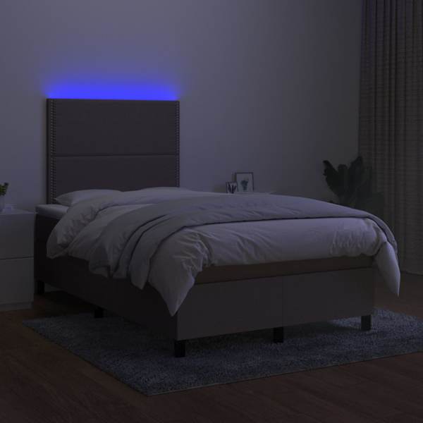 LED-valgustusega kontinentaalvoodi koos madratsiga, pruunikashall, 120 × 200 cm, kangas — mudel 3134785