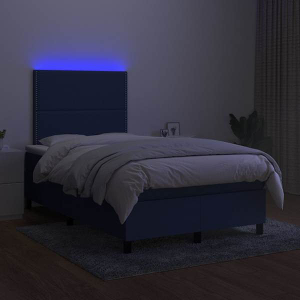 LED-valgustusega kontinentaalvoodi koos madratsiga, sinine, 120 × 200 cm, kangas — mudel 3134787