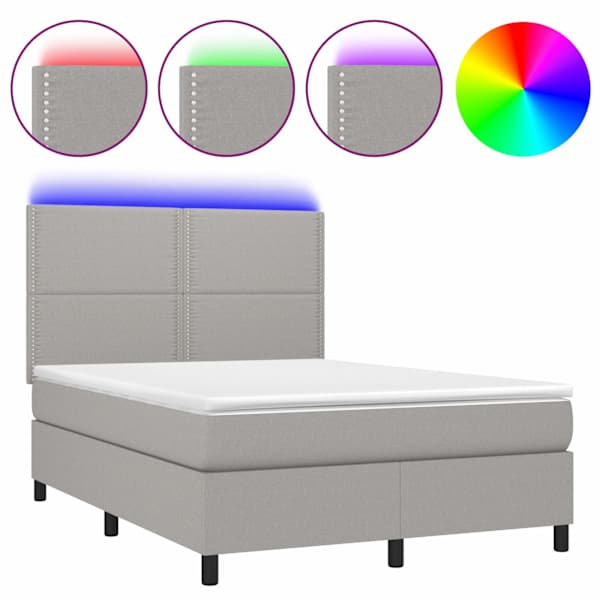 LED-valgustusega kontinentaalvoodi koos madratsiga, helehall, 140 × 190 cm, kangas — mudel 3134789