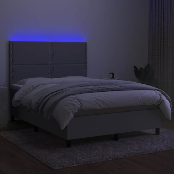 LED-valgustusega kontinentaalvoodi koos madratsiga, helehall, 140 × 190 cm, kangas — mudel 3134789