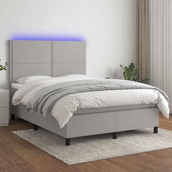 LED-valgustusega kontinentaalvoodi koos madratsiga, helehall, 140 × 190 cm, kangas — mudel 3134789